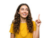 © STOCK PNG - Young woman pointing upwards with a smile isolated on transparent background