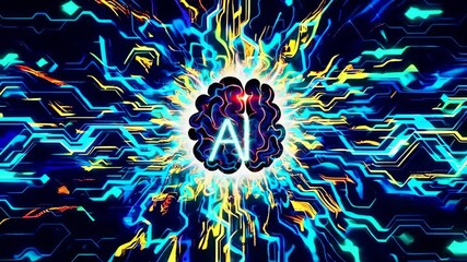 Wall Mural - artificial intelligence brain glowing and expanding with data flowing