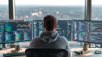 person working with multiple monitors displaying complex data and code, focusing on software develop