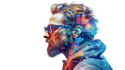Profile of a man with glasses reveals digital connection, technology, and modern life.
