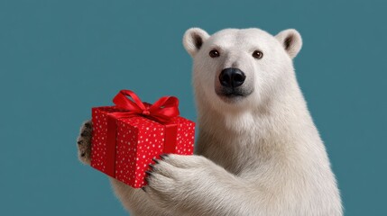 Wall Mural - Polar bear holding a red gift box against a white background, festive holiday concept, isolated animal.
