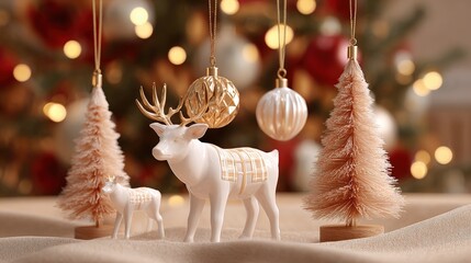 Wall Mural - Three white deer Christmas ornaments hanging on a green pine tree branch in daylight.