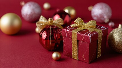 Wall Mural - Christmas ornaments and a wrapped gift box arranged on a vibrant red surface, festive holiday decor.