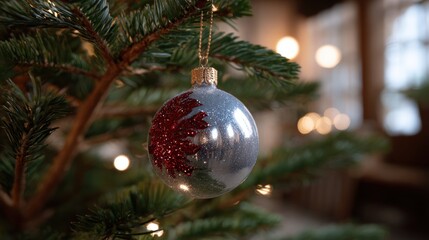 Wall Mural - Red Christmas ornament hanging on a green pine tree branch with blurred festive lights background.