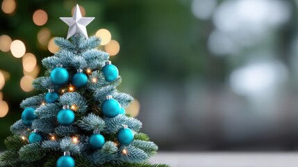 Wall Mural - Small Christmas tree decorated with blue ornaments on a white background, festive holiday decoration.