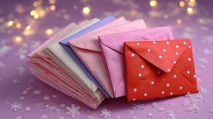 Wall Mural - Colorful envelopes stacked on a purple background with glowing lights and snowflakes, evoking a festive, cheerful atmosphere.