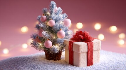 Wall Mural - Festive scene with a small Christmas tree adorned with pink baubles and a gift box wrapped in red ribbon, set against a soft pink background.