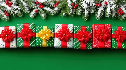 Wall Mural - Colorful Christmas gifts with red bows arranged on a green background, adorned with snowy pine branches and red berries.
