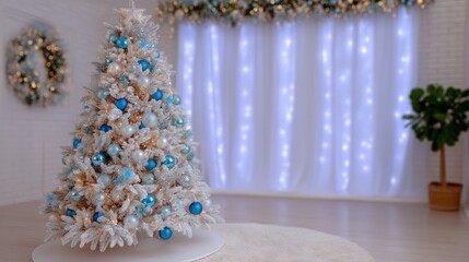 Wall Mural - Elegant Christmas tree with blue and silver ornaments in a festive room with twinkling lights and holiday decor.