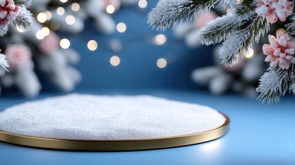 Wall Mural - Frosted pine branches and pink flowers with snow on a golden platform against a blue background, illuminated by soft bokeh lights.