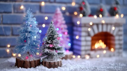 Wall Mural - Miniature snowy Christmas trees with lights set against a brick fireplace backdrop, creating a cozy holiday scene with a festive atmosphere.