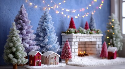 Wall Mural - Festive winter scene with colorful snow-covered trees, miniature houses, and a decorative fireplace, illuminated by string lights.