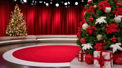 Wall Mural - Festive Christmas scene with a decorated tree, red curtains, and wrapped gifts, illuminated in a studio setting.