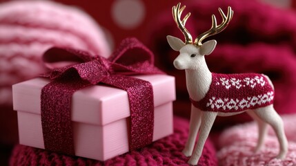 Wall Mural - A decorative reindeer figurine in a knitted sweater stands beside a pink gift box with a glittery ribbon, set against a cozy, festive background.
