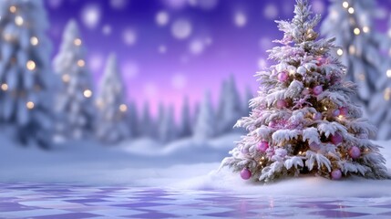 Wall Mural - Snow-covered Christmas tree adorned with pink ornaments and lights in a winter landscape with a purple twilight sky.