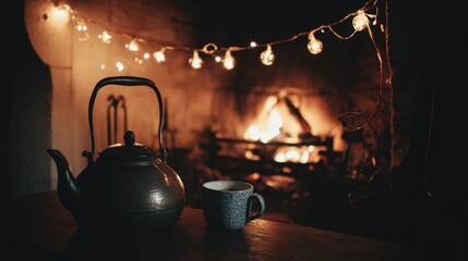 Wall Mural - Cozy scene with a teapot and mug in front of a warm fireplace, adorned with glowing string lights, creating a serene and inviting atmosphere.