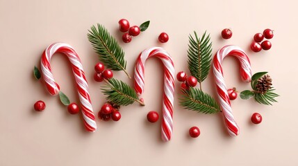 Wall Mural - Festive candy canes with pine branches and red berries on a light background, creating a cheerful holiday theme.