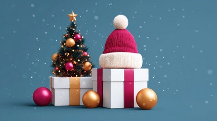 Wall Mural - Red Christmas tree with wrapped presents and a Santa hat on a solid blue background.