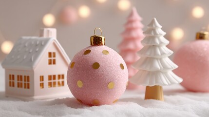 Wall Mural - Three red and gold Christmas ornaments on a wooden table with a blurred house background in daylight.