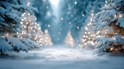 Wall Mural - Snow-covered trees adorned with glowing lights create a magical winter wonderland scene, with falling snowflakes enhancing the festive atmosphere.