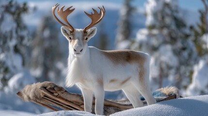 Wall Mural - A majestic reindeer stands in a snowy landscape beside a wooden sled, surrounded by a winter forest under a clear blue sky.