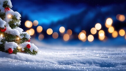 Wall Mural - Snow-covered Christmas tree with red ornaments and lights in a snowy landscape, with warm bokeh lights in the background against a deep blue sky.