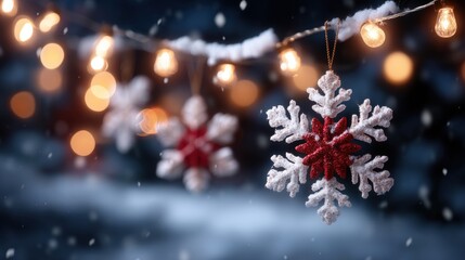 Wall Mural - Festive snowflake ornaments and glowing lights create a cozy, snowy holiday atmosphere.