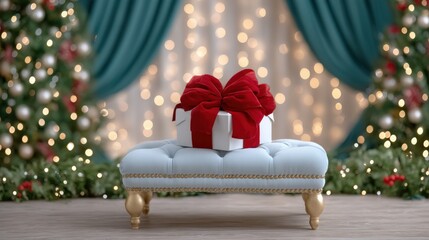Wall Mural - A beautifully wrapped gift with a red bow sits on a tufted stool, surrounded by festive Christmas decor and glowing lights.