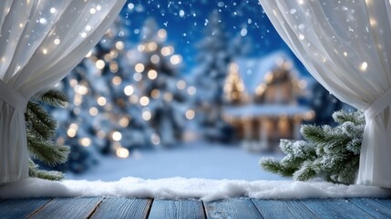 Wall Mural - A cozy winter scene viewed through a window, framed by snowy pine branches and curtains, with a blurred, warmly lit house in the background.