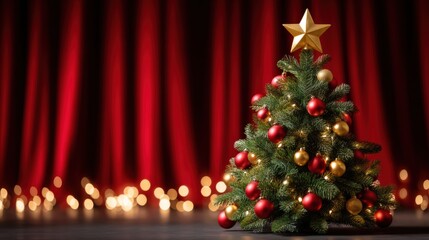 Wall Mural - Festive Christmas tree adorned with red and gold ornaments and a star topper, set against a backdrop of red curtains and soft, glowing lights.
