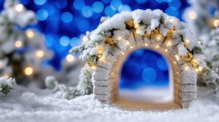 Wall Mural - Snow-covered arch decorated with lights and ornaments, set against a vibrant blue bokeh background, creating a festive winter scene.