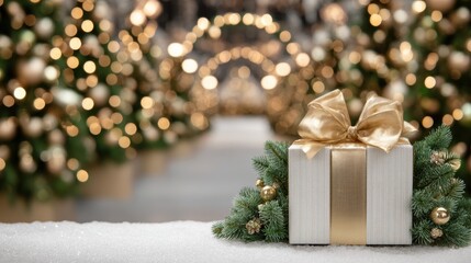 Wall Mural - Elegant Christmas gift with gold ribbon and festive decorations, surrounded by bokeh lights and evergreen branches, creating a joyful holiday atmosphere.