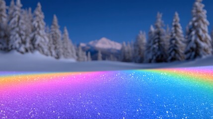Wall Mural - A vibrant rainbow casts colorful light on a snowy landscape with snow-covered trees and a clear blue sky in the background.