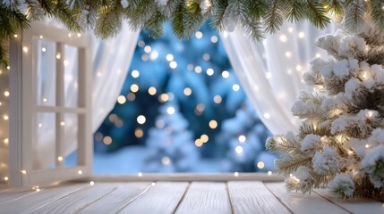 Wall Mural - Cozy winter scene with a snowy Christmas tree by an open window, adorned with string lights and curtains, creating a warm, festive atmosphere.