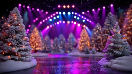 Wall Mural - snowy christmas trees with colorful lights and stage lighting create a festive winter scene, evoking