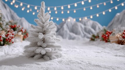 Wall Mural - A snowy landscape features a frosted Christmas tree, festive decorations, and string lights against a backdrop of snowy mountains under a clear blue sky.