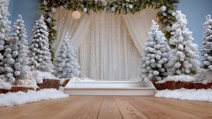 Wall Mural - Cozy winter scene with frosted trees, snowy ground, and twinkling lights, set against a wooden floor and draped curtains for a festive holiday backdrop.