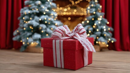 Wall Mural - A festive red gift box with a striped bow sits on a wooden floor, with decorated Christmas trees and warm lights in the background.