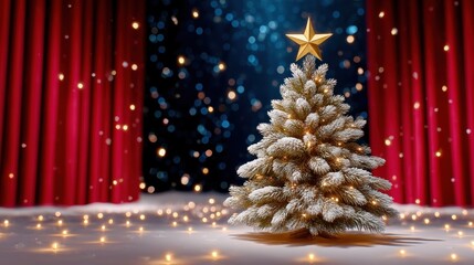 Wall Mural - A beautifully decorated Christmas tree with a star topper stands on a snowy stage with red curtains and sparkling lights in the background.