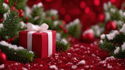 Wall Mural - Red gift box with white ribbon surrounded by snow-dusted pine branches and ornaments on a festive red background.