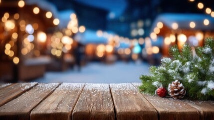 Wall Mural - Festive wooden table with snow, pine branches, and ornaments in a cozy, illuminated Christmas market setting.