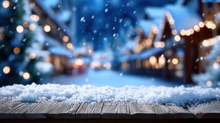 Wall Mural - snow-covered wooden table with a blurred winter village and softly falling snow in the background, i