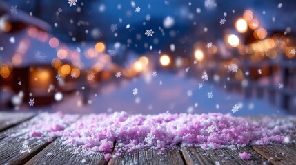 Wall Mural - Snowflakes fall over a wooden surface with pink snow, set against a blurred backdrop of festive lights and winter scenery.