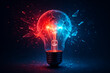 © aigiants - broken light bulb with blue and red glowing energy sparks representing innovation failure power concept in dramatic visual background