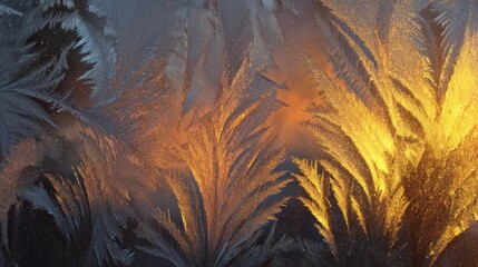 Wall Mural - frost patterns on a window illuminated by warm sunlight, creating a striking contrast between icy te
