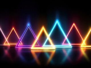 Wall Mural - neon triangles on black reflective surface - abstract glowing background