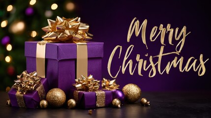 Wall Mural - Purple and gold wrapped Christmas presents stacked near a decorated tree with lights in soft indoor lighting.
