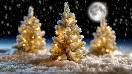 Wall Mural - Snow-covered Christmas trees with lights under a full moon, creating a festive winter night scene with falling snow.