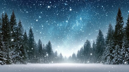 Wall Mural - Snow falls gently over a serene winter forest under a starry night sky, creating a magical and peaceful landscape.