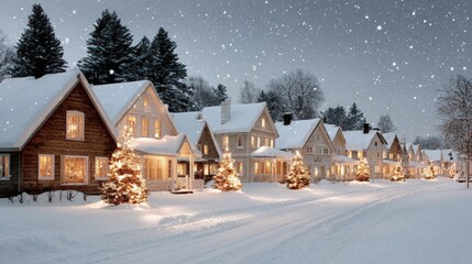 Wall Mural - Snow-covered houses with glowing lights create a cozy winter village scene under a starry sky, evoking holiday warmth and festive spirit.